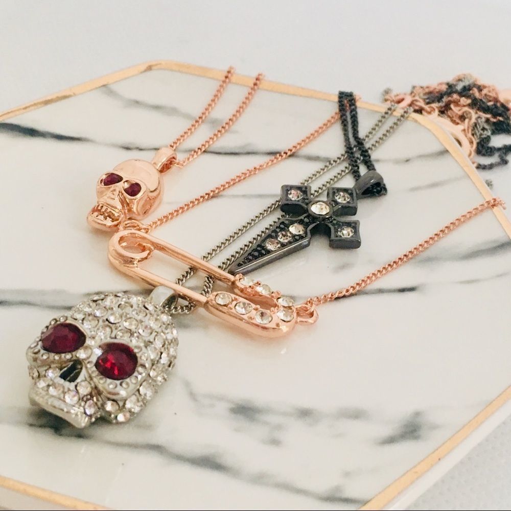Layered Skull Safety Pin Cross Rose Gold Gun Metal Silver Necklace NWT - Picture 2 of 8